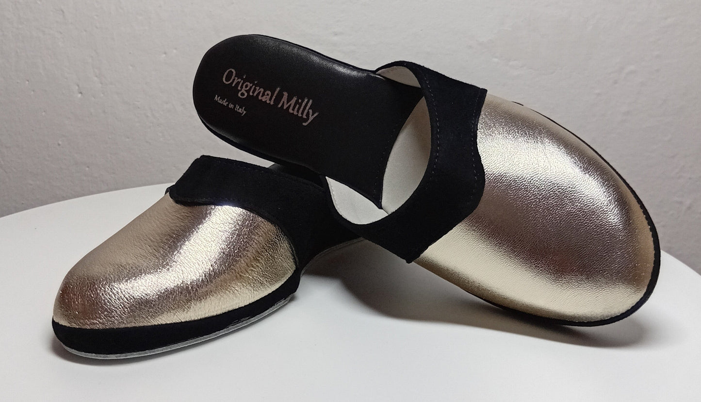 7210 Nappa e Camoscio Nero Oro Ciabatte da camera Donna artigianale Original Milly Made in Italy - Foto N 6