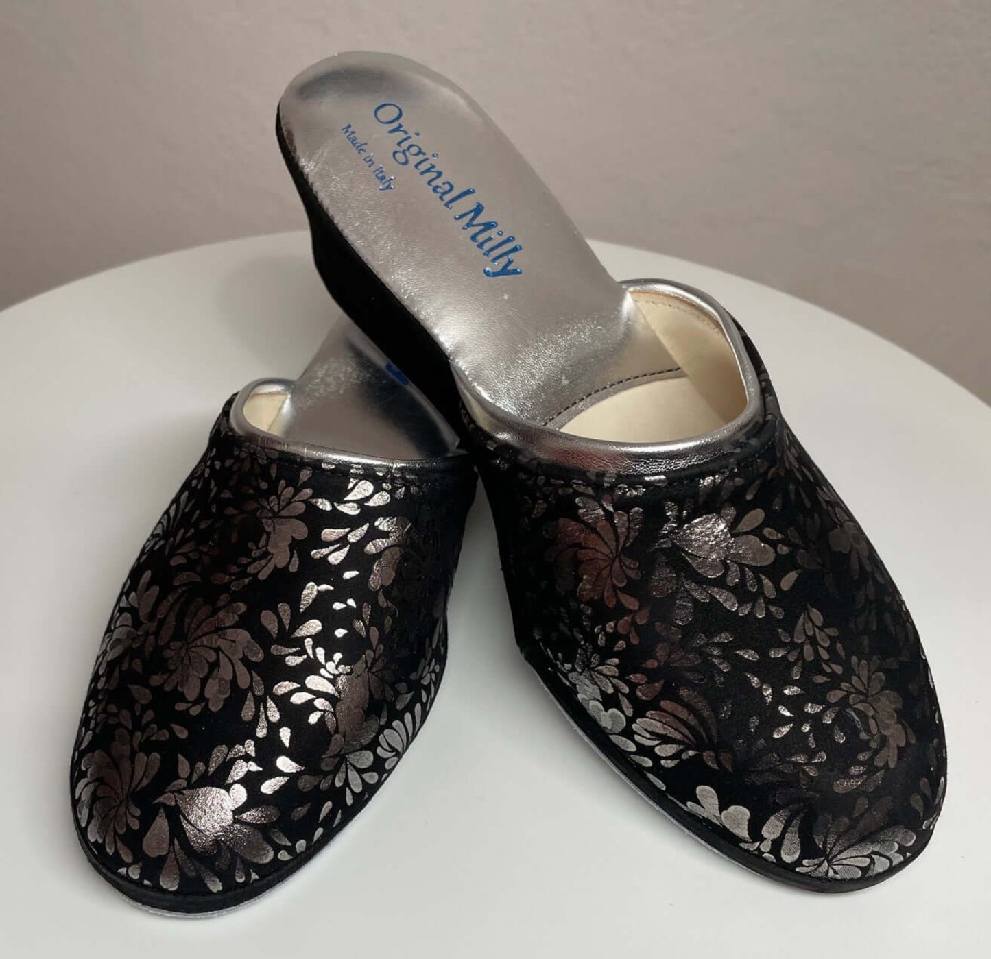 8000 Camoscio Nero Argento suola Bufalo Ciabatte da camera Donna Original Milly Made in Italy