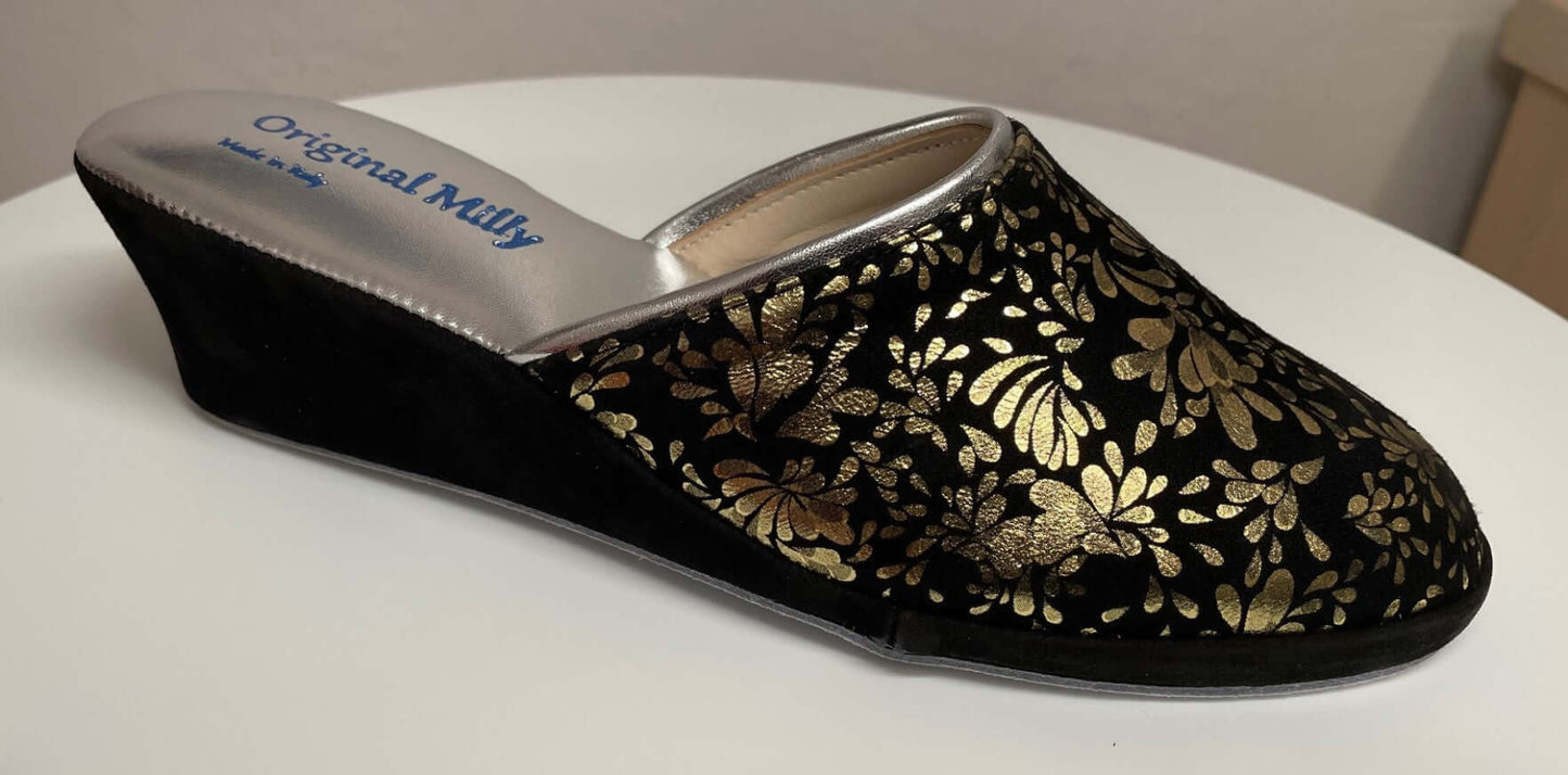 8000 Camoscio Nero Oro suola Bufalo Ciabatte da camera Donna Original Milly Made in Italy