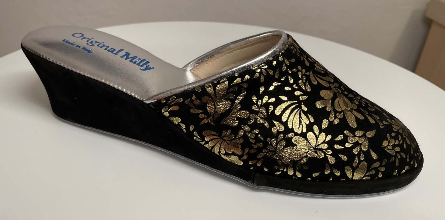 8000 Camoscio Nero Oro suola Bufalo Ciabatte da camera Donna Original Milly Made in Italy