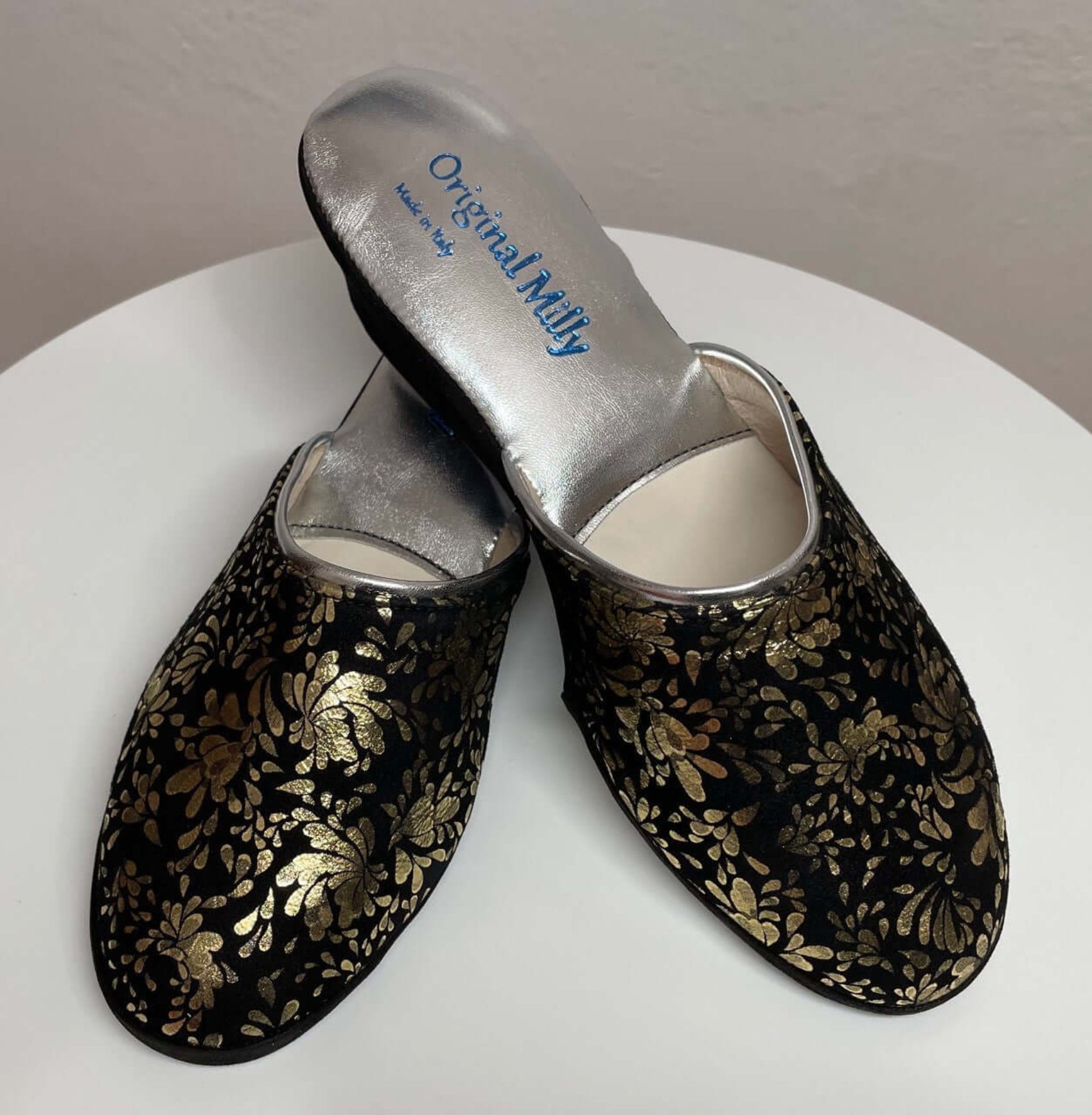 8000 Camoscio Nero Oro suola Bufalo Ciabatte da camera Donna Original Milly Made in Italy