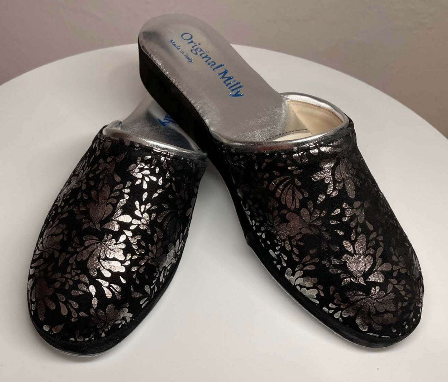 8200 Camoscio Nero Argento suola Bufalo Ciabatte da camera Donna Original Milly Made in Italy