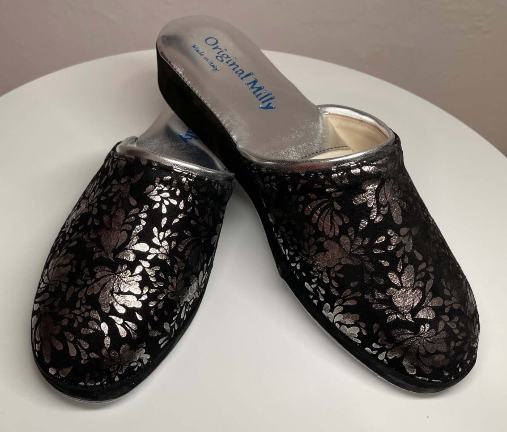 8200 Camoscio Nero Argento suola Bufalo Ciabatte da camera Donna Original Milly Made in Italy