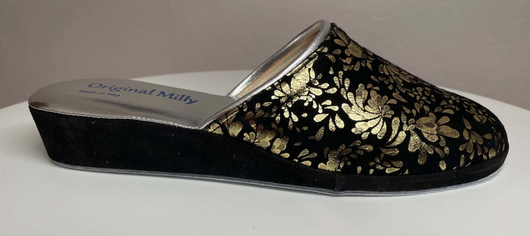 8200 Camoscio Nero Oro suola Bufalo Ciabatte da camera Donna Original Milly Made in Italy