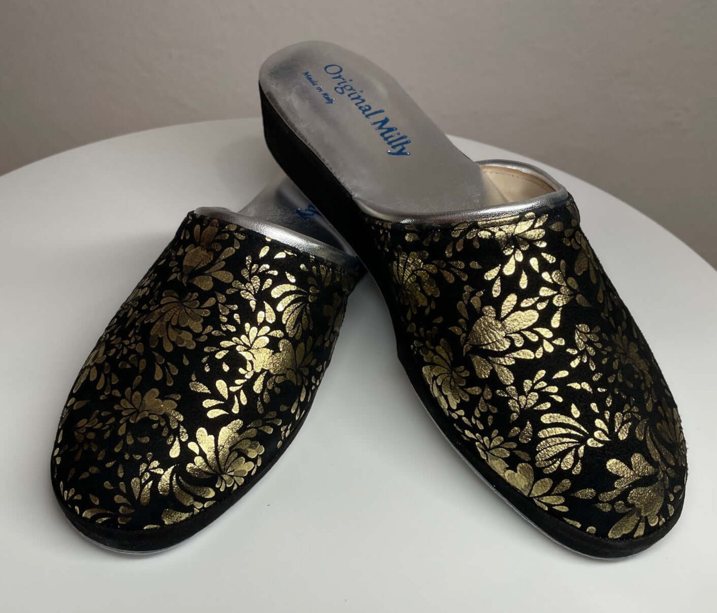 8200 Camoscio Nero Oro suola Bufalo Ciabatte da camera Donna Original Milly Made in Italy