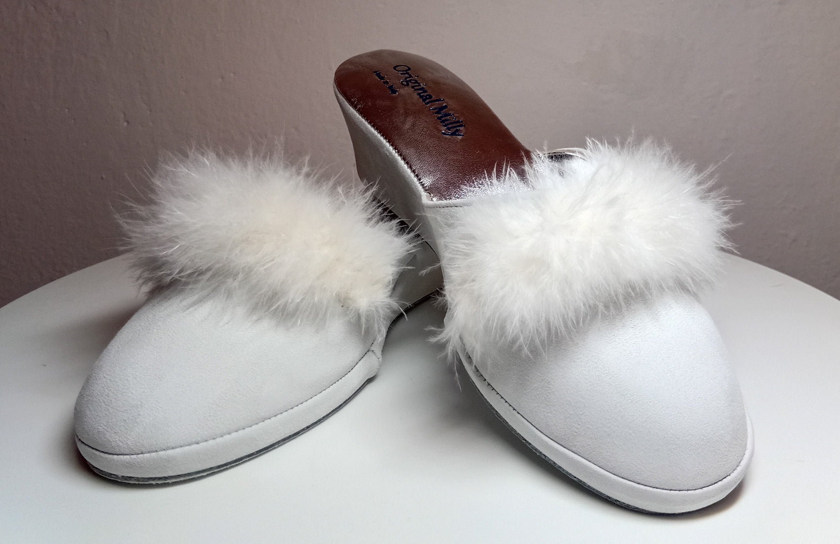 9000 Camoscio Bianco con Piuma Suola Bufalo Ciabatte da camera Donna Original Milly Made in Italy