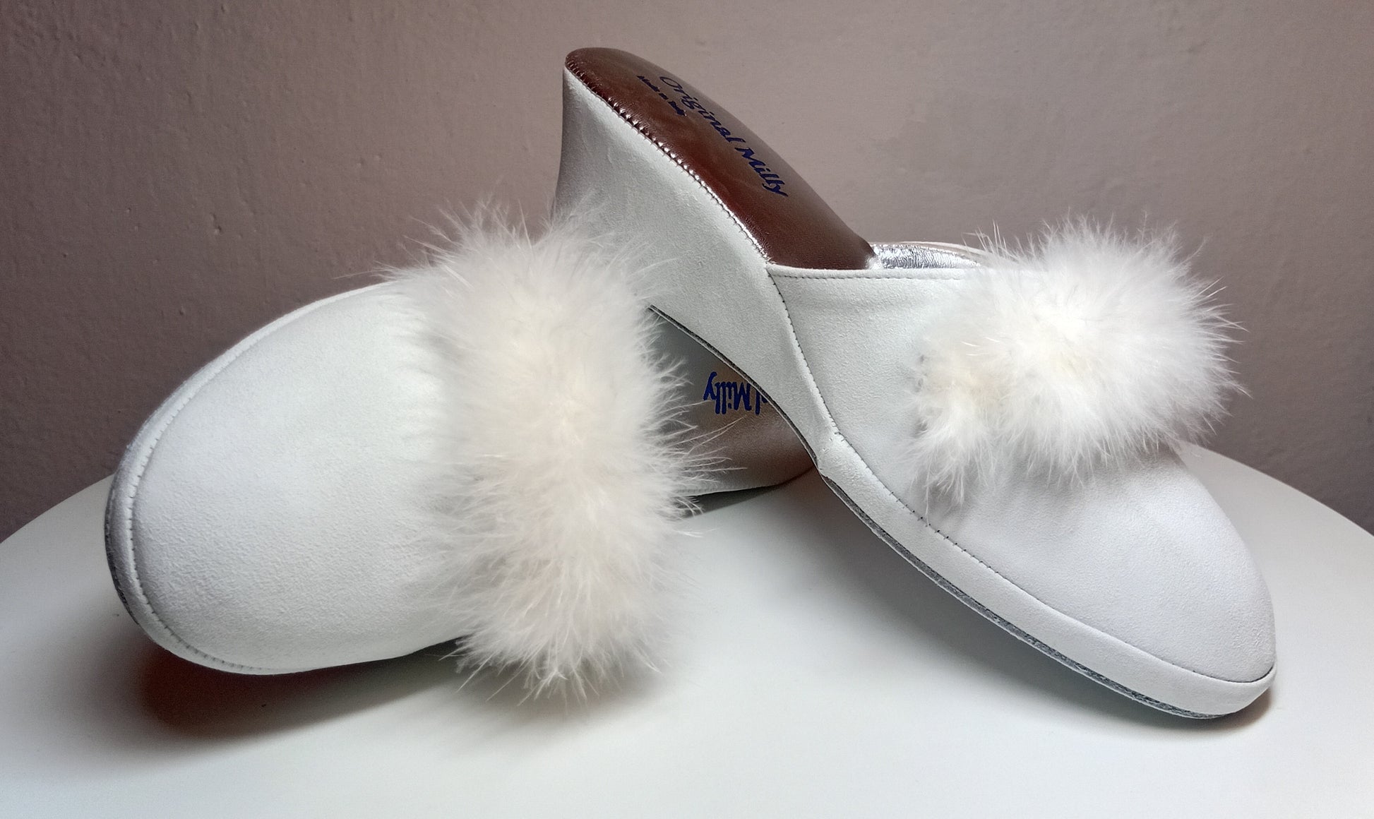 9000 Camoscio Bianco con Piuma Suola Bufalo Ciabatte da camera Donna Original Milly Made in Italy