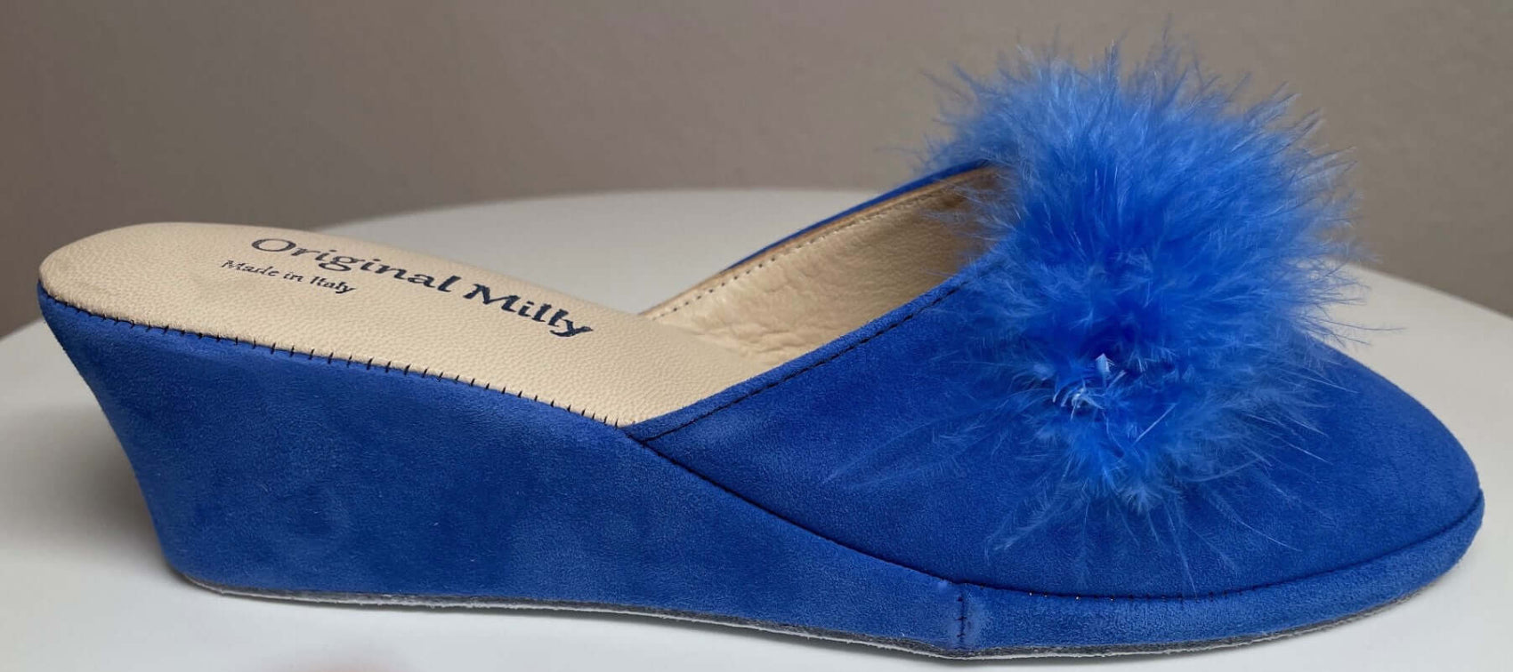 9000 Camoscio Blu con piuma suola Bufalo Ciabatte da camera Donna Original Milly Made in Italy