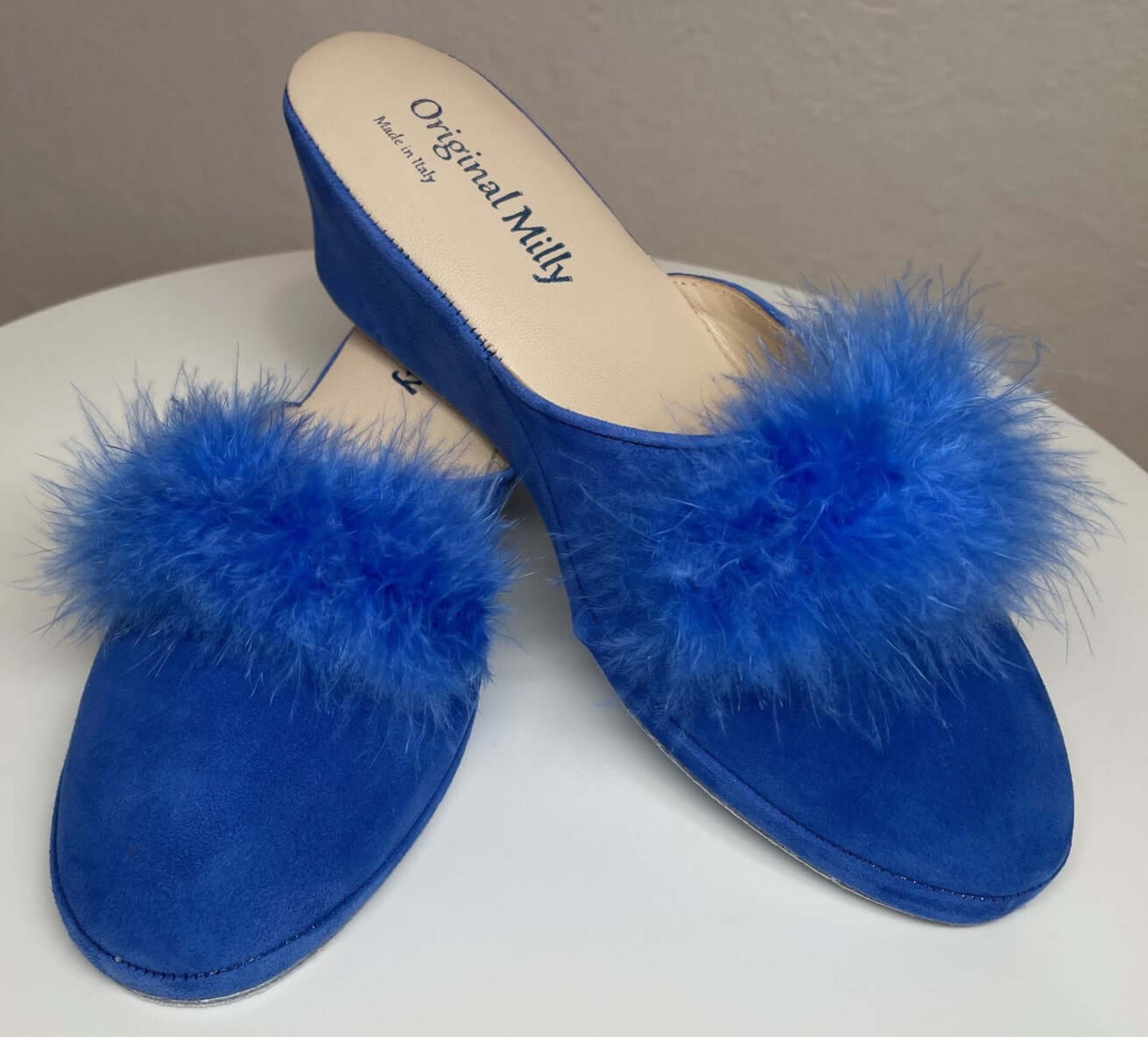 9000 Camoscio Blu con piuma suola Bufalo Ciabatte da camera Donna Original Milly Made in Italy