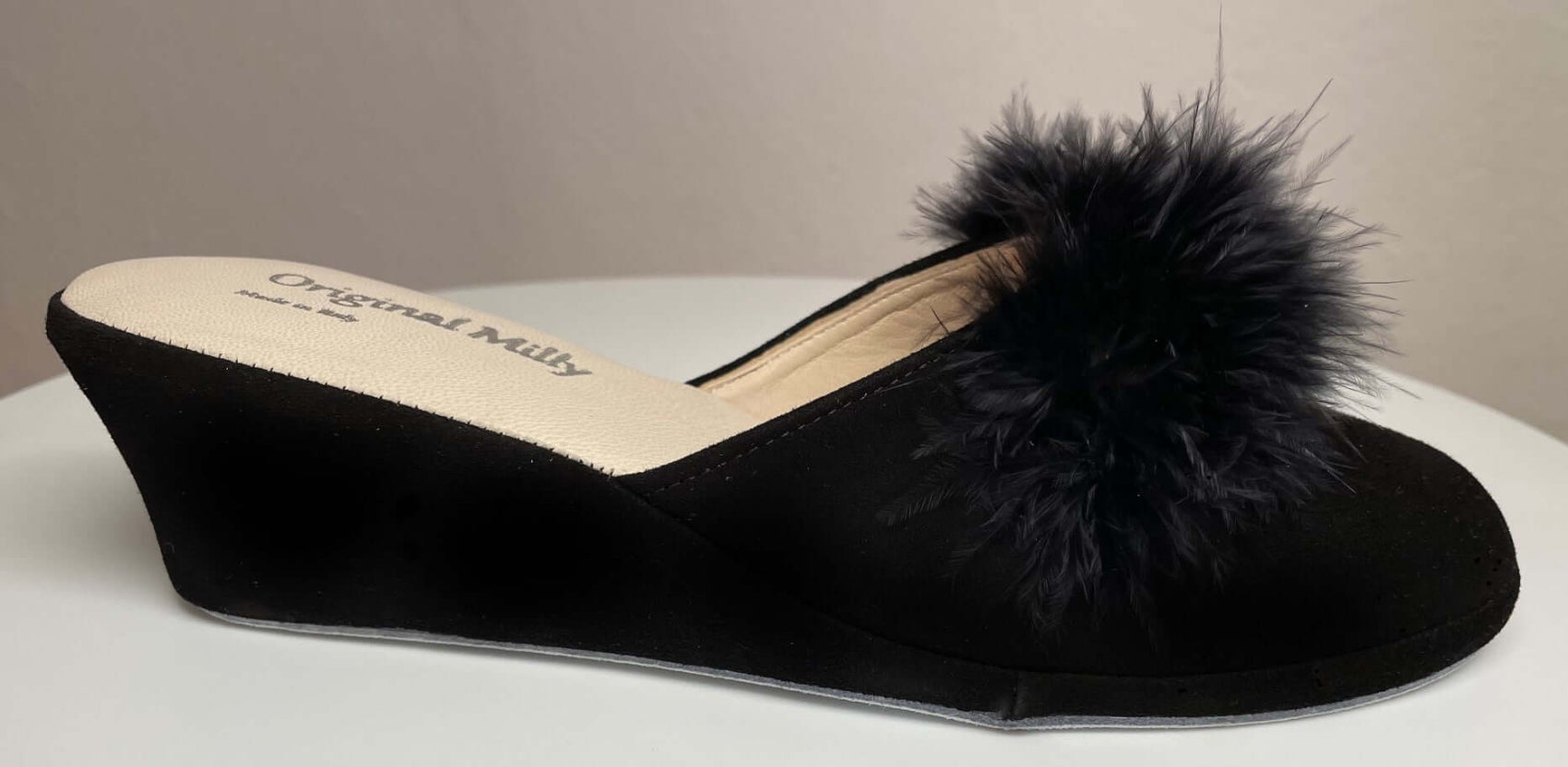9000 Camoscio Nero con piuma suola Bufalo Ciabatte da camera Donna Original Milly Made in Italy