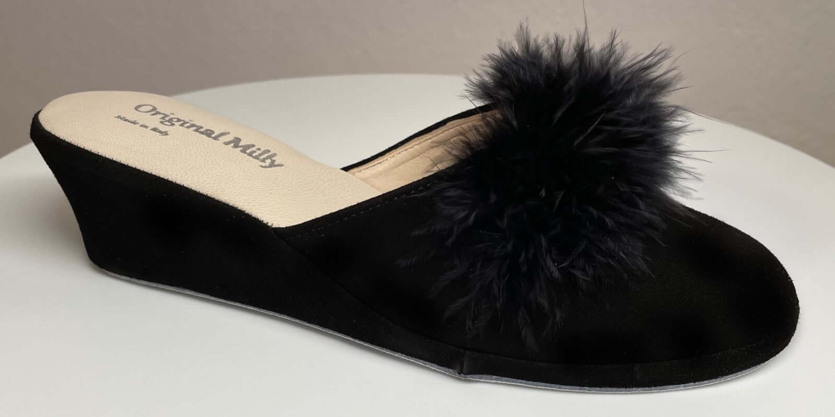 9000 Camoscio Nero con piuma suola Bufalo Ciabatte da camera Donna Original Milly Made in Italy