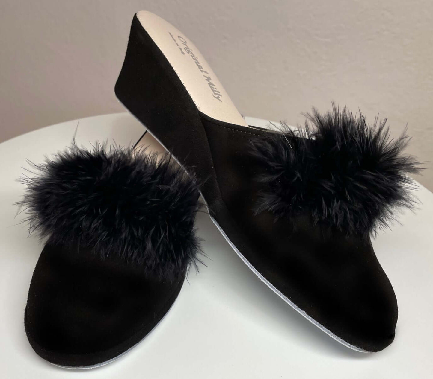 9000 Camoscio Nero con piuma suola Bufalo Ciabatte da camera Donna Original Milly Made in Italy