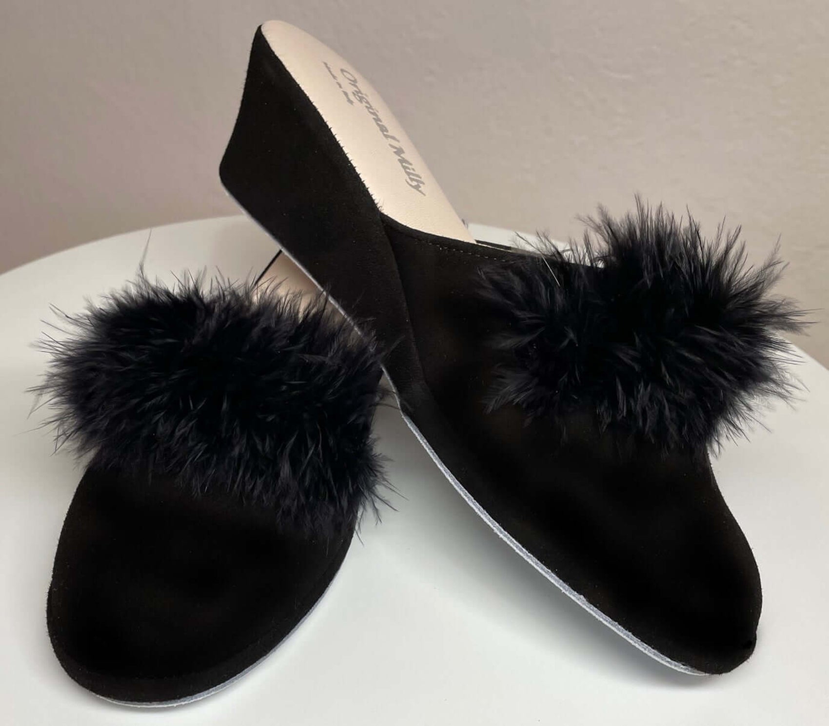 9000 Camoscio Nero con piuma suola Bufalo Ciabatte da camera Donna Original Milly Made in Italy
