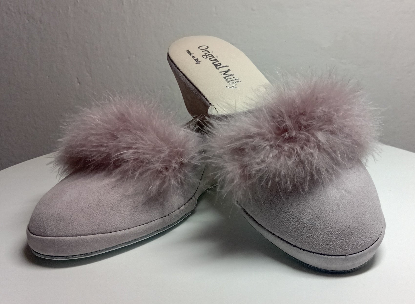 9000 Camoscio Peonia con piuma suola Bufalo Ciabatte da camera Donna Original Milly Made in Italy