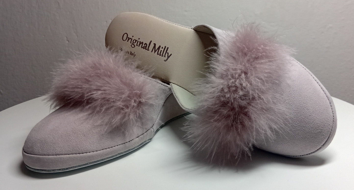9000 Camoscio Peonia con piuma suola Bufalo Ciabatte da camera Donna Original Milly Made in Italy