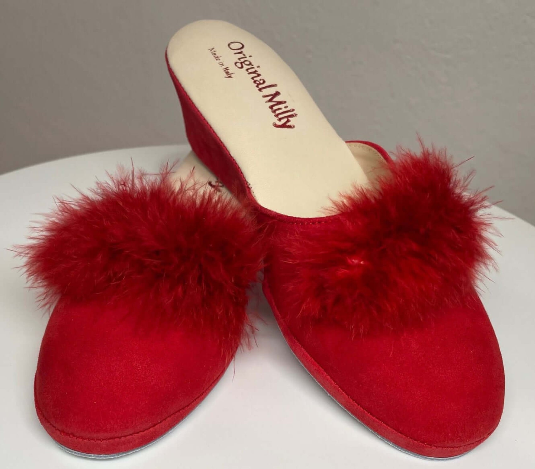 9000 Camoscio Rosso con piuma suola Bufalo Ciabatte da camera Donna Original Milly Made in Italy