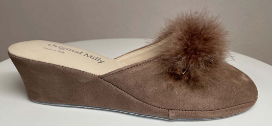 9000 Camoscio Taupe con piuma suola Bufalo Ciabatte da camera Donna Original Milly Made in Italy