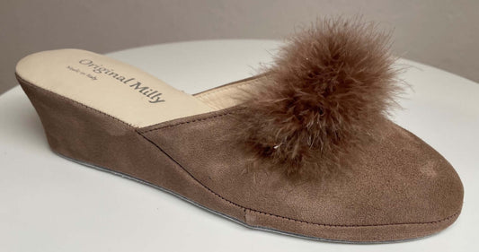 9000 Camoscio Taupe con piuma suola Bufalo Ciabatte da camera Donna Original Milly Made in Italy
