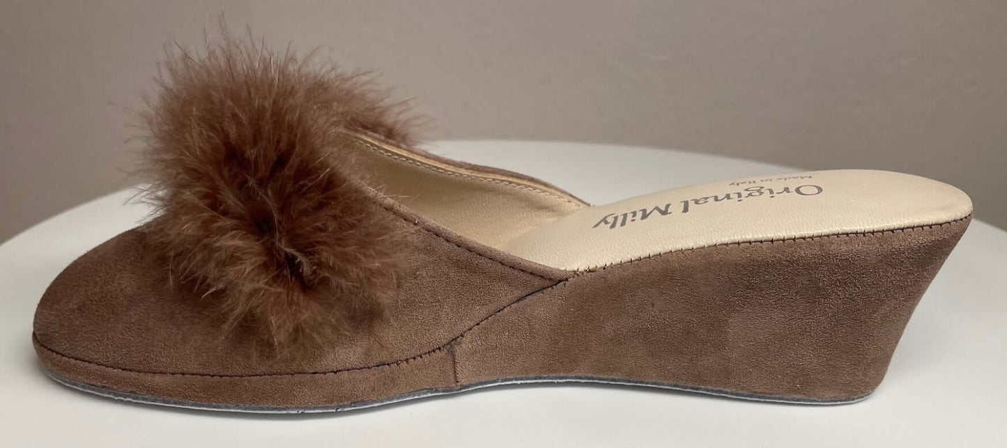 9000 Camoscio Taupe con piuma suola Bufalo Ciabatte da camera Donna Original Milly Made in Italy