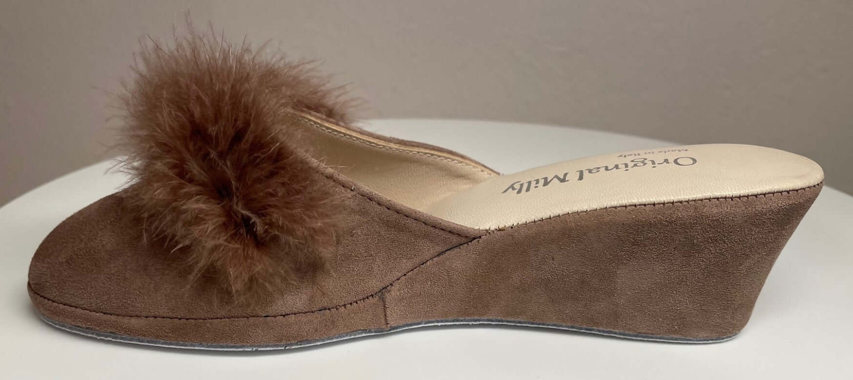 9000 Camoscio Taupe con piuma suola Bufalo Ciabatte da camera Donna Original Milly Made in Italy