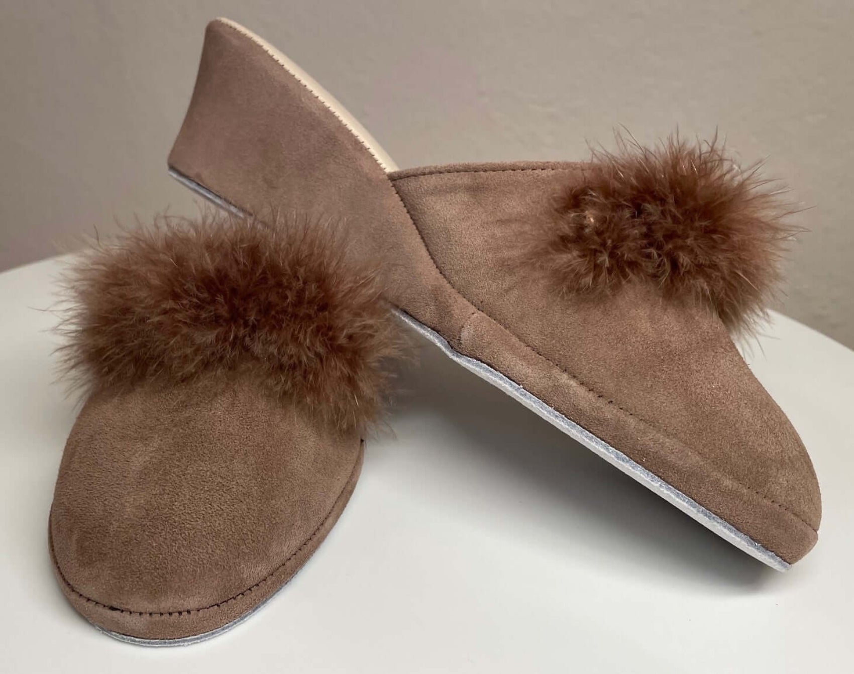 9000 Camoscio Taupe con piuma suola Bufalo Ciabatte da camera Donna Original Milly Made in Italy