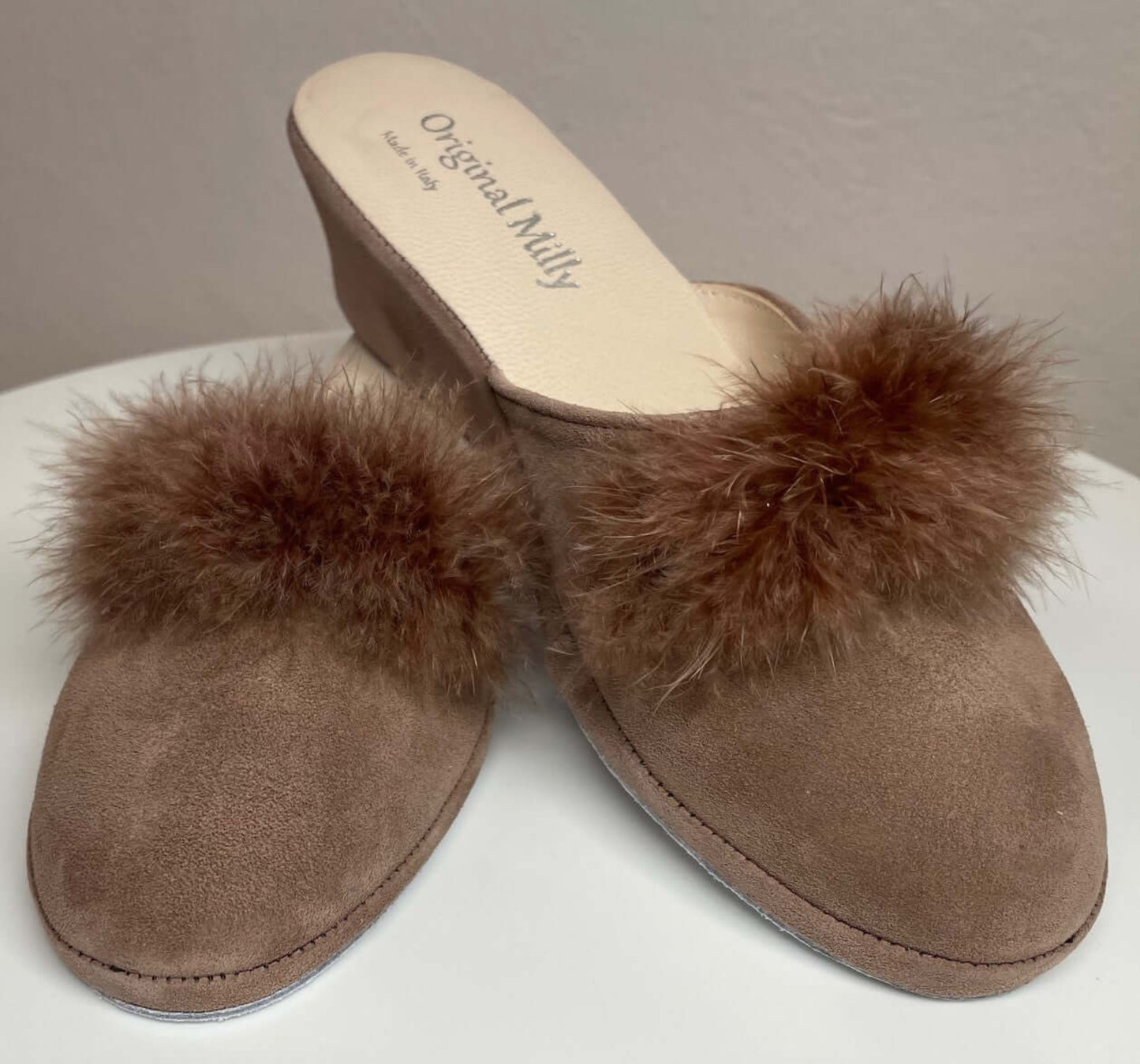 9000 Camoscio Taupe con piuma suola Bufalo Ciabatte da camera Donna Original Milly Made in Italy