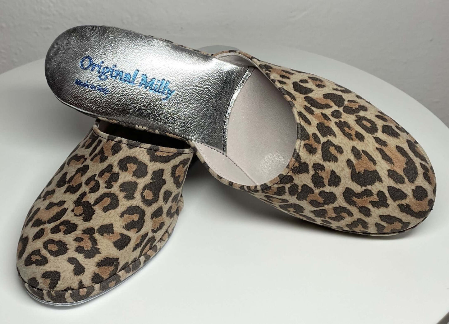 9001 Camoscio Leopardo Suola Bufalo Ciabatte da camera Donna Original Milly Made in Italy