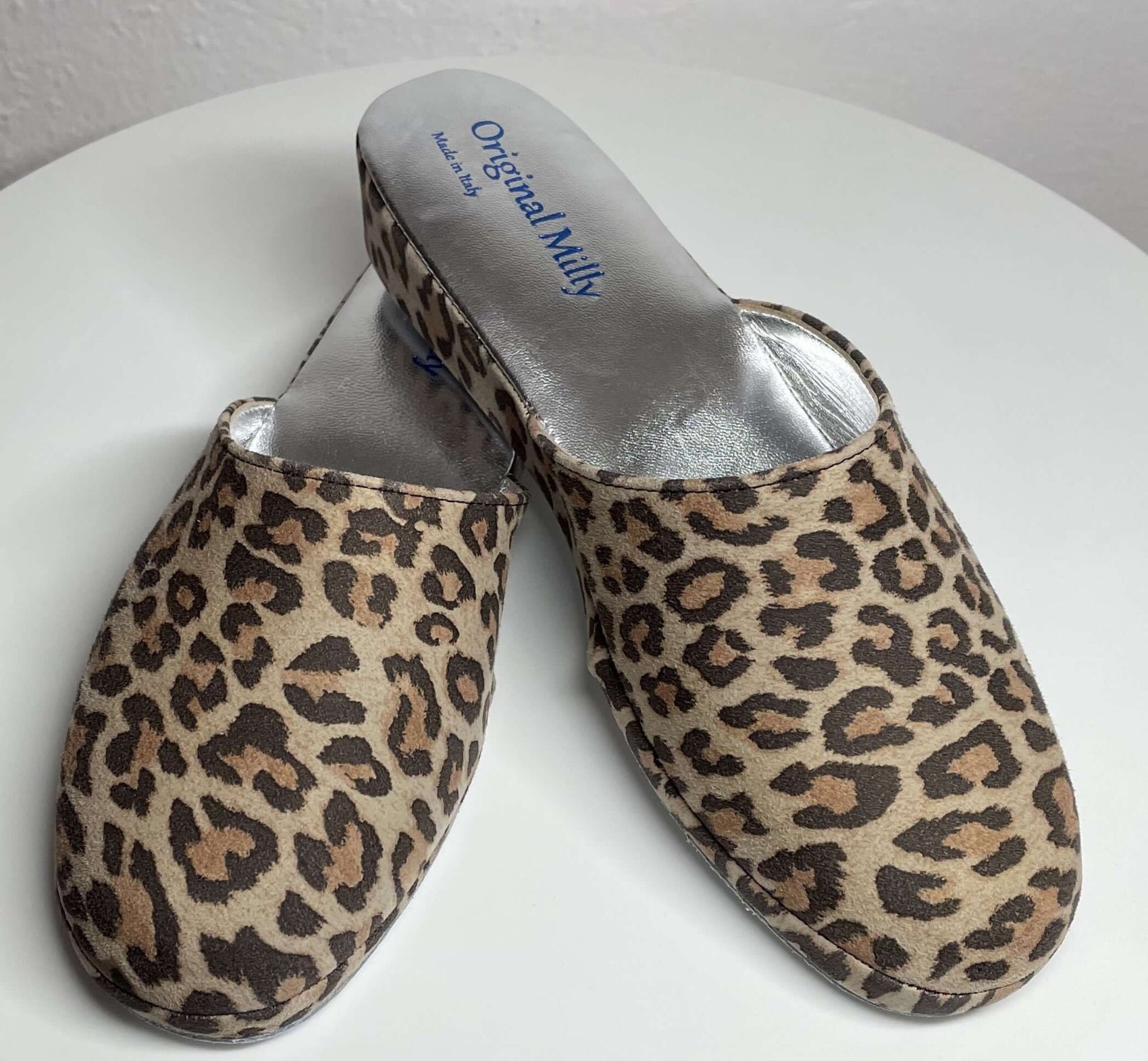 9002 Camoscio Leopardo Suola Bufalo Ciabatte da camera Donna Original Milly Made in Italy