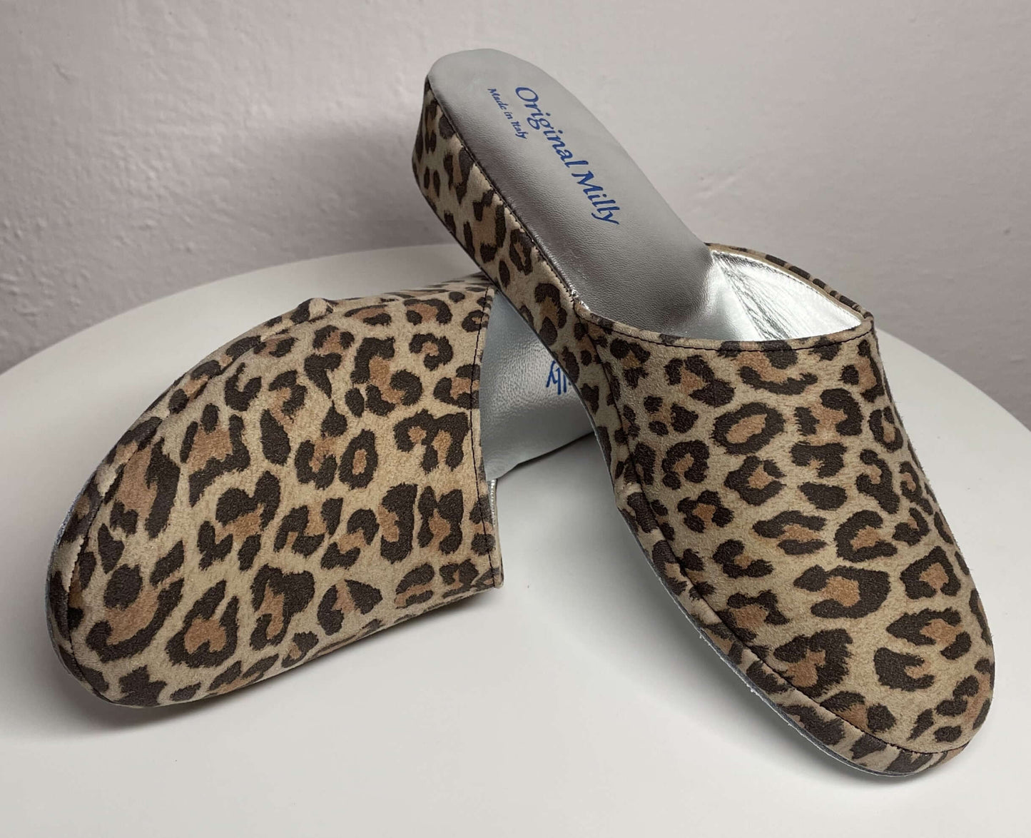9002 Camoscio Leopardo Suola Bufalo Ciabatte da camera Donna Original Milly Made in Italy