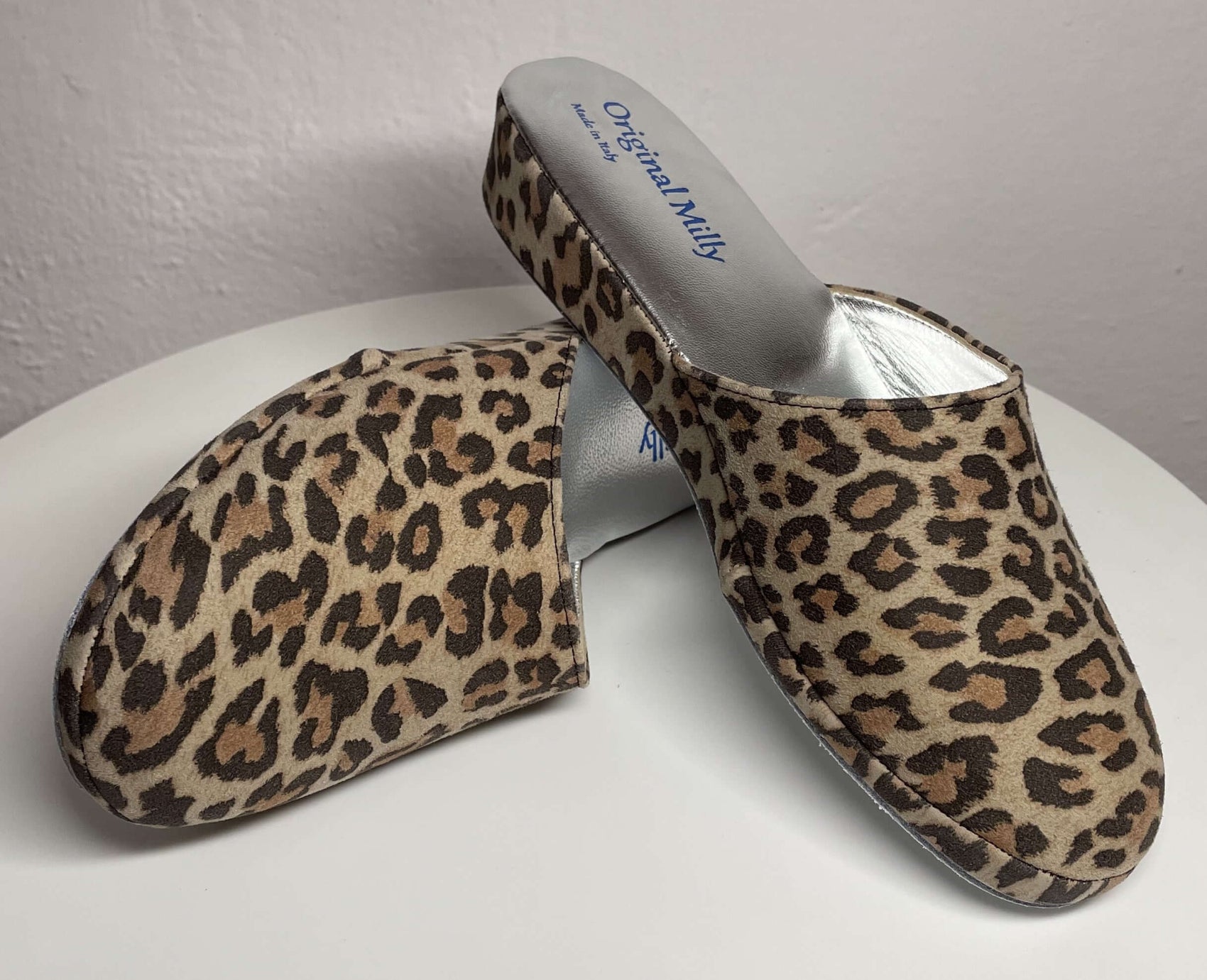 9002 Camoscio Leopardo Suola Bufalo Ciabatte da camera Donna Original Milly Made in Italy