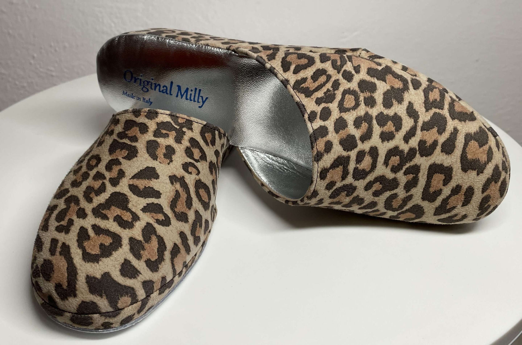 9002 Camoscio Leopardo Suola Bufalo Ciabatte da camera Donna Original Milly Made in Italy