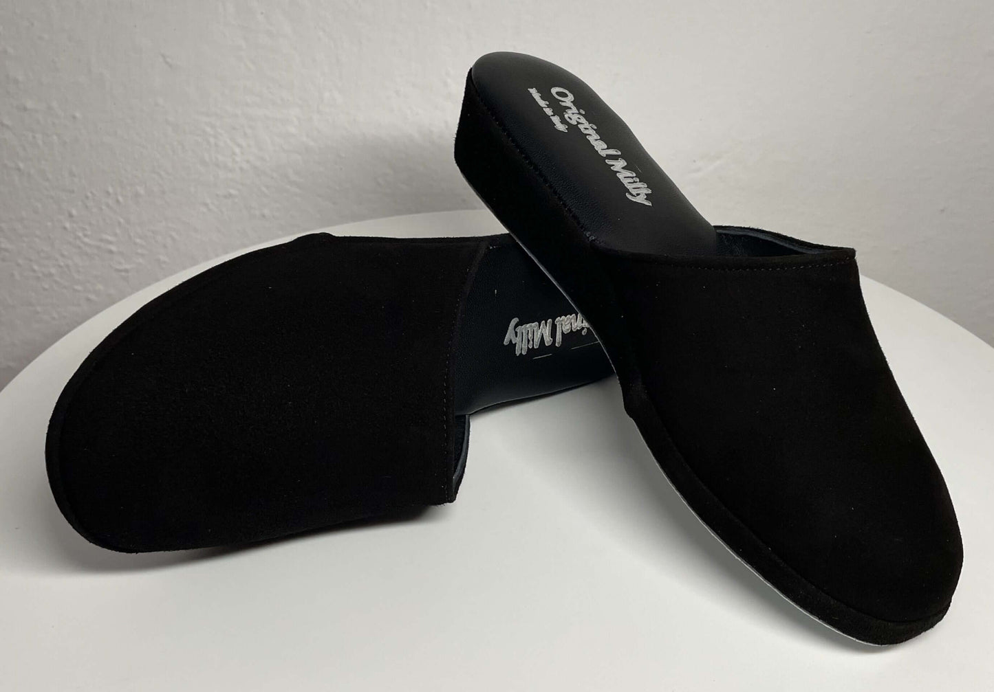 9002 Camoscio Nero Suola Bufalo Ciabatte da camera Donna Original Milly Made in Italy