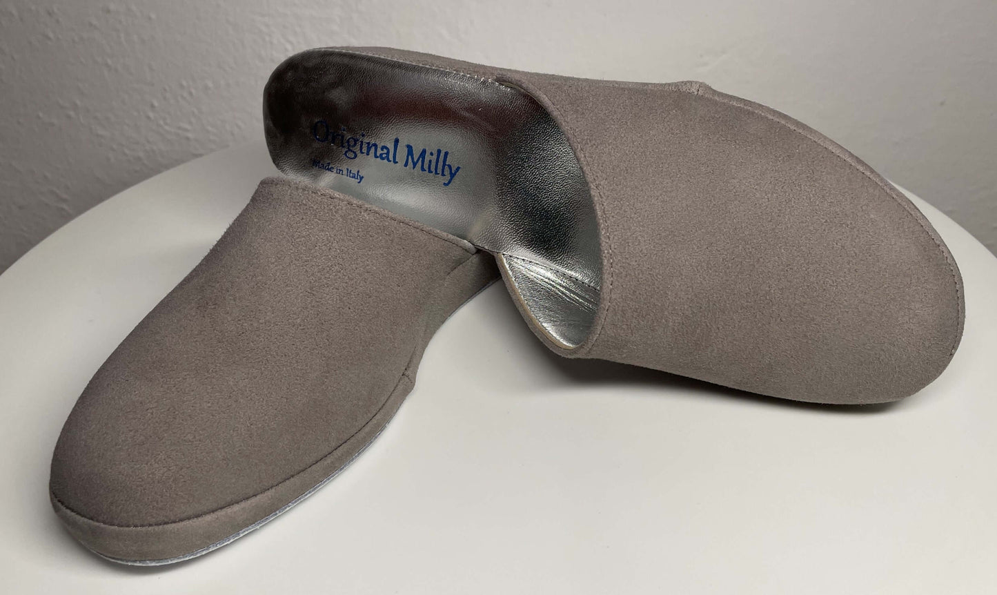 9002 Camoscio Taupe Suola Bufalo Ciabatte da camera Donna Original Milly Made in Italy