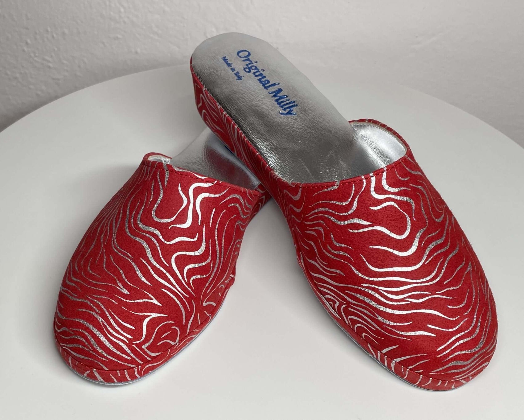 9002 Camoscio Zebrato Rosso Suola Bufalo Ciabatte da camera Donna Original Milly Made in Italy