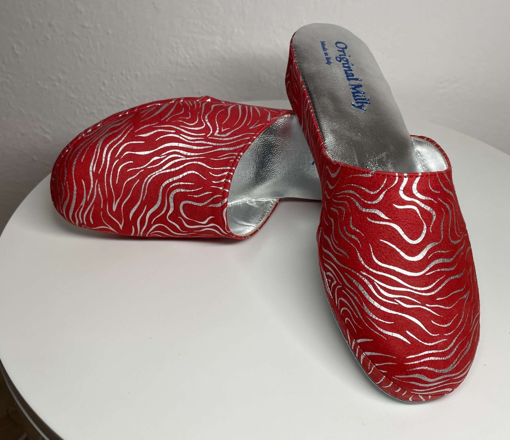 9002 Camoscio Zebrato Rosso Suola Bufalo Ciabatte da camera Donna Original Milly Made in Italy