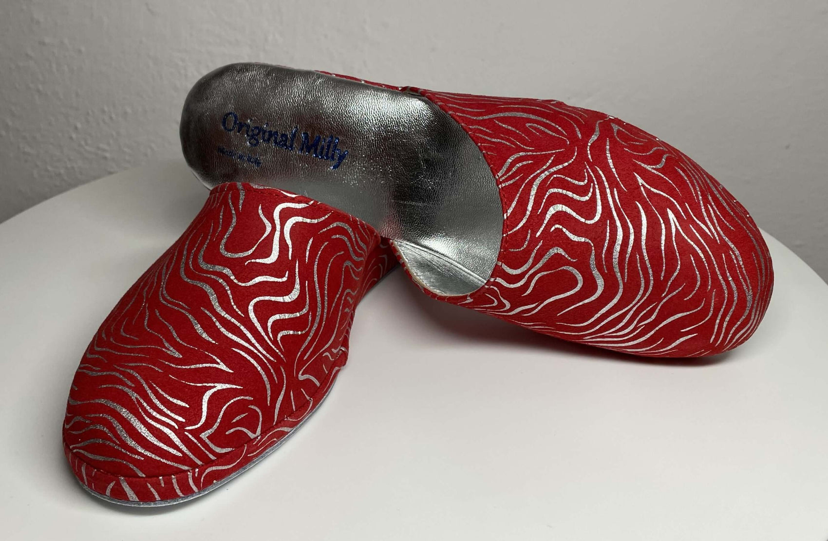 9002 Camoscio Zebrato Rosso Suola Bufalo Ciabatte da camera Donna Original Milly Made in Italy