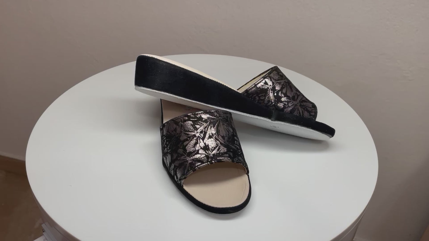 Original Milly 203 Camoscio Nero Fiori(PelleTop)Ciabatta donna da camera